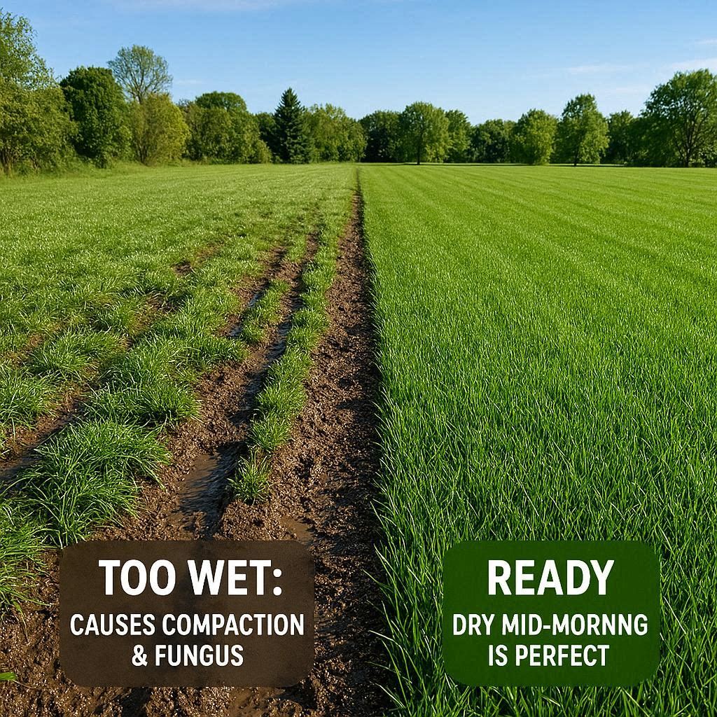 A visual comparison of wet, compacted soil with flattened grass versus dry, upright standing grass ideal for mowing.