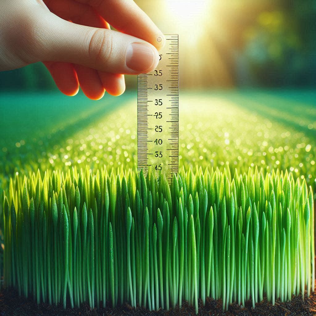 A ruler measuring new grass blades reaching between 3.5 and 4 inches before the first mow.