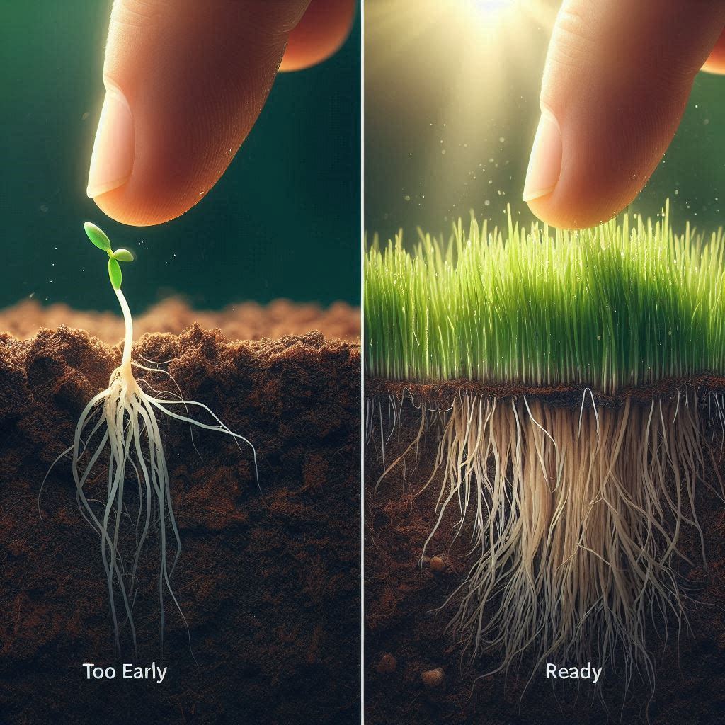 A split screen showing a finger pulling up unripe grass roots versus tugging firmly rooted mature grass.