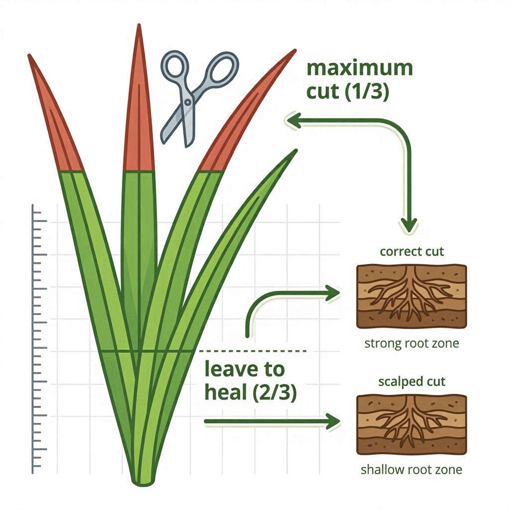 Diagram illustrating the one-third rule, showing only the top section of the grass blade being cut.